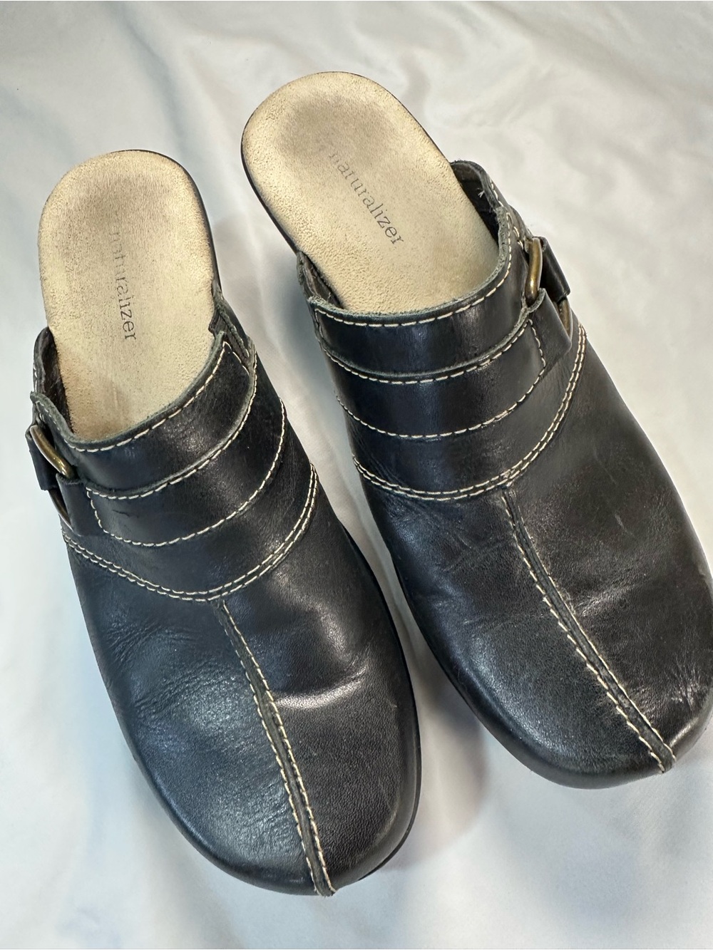 Naturalizer Black Leather Slip-On Clogs with Buckle